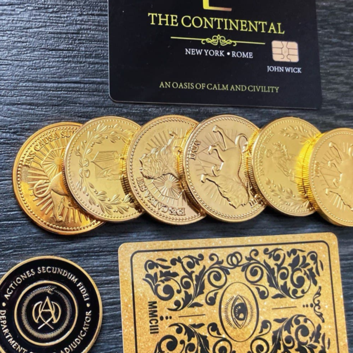 Continental Hotel cards and coins set. Baba Yaga John Continental gold coin. Continental hotel coin