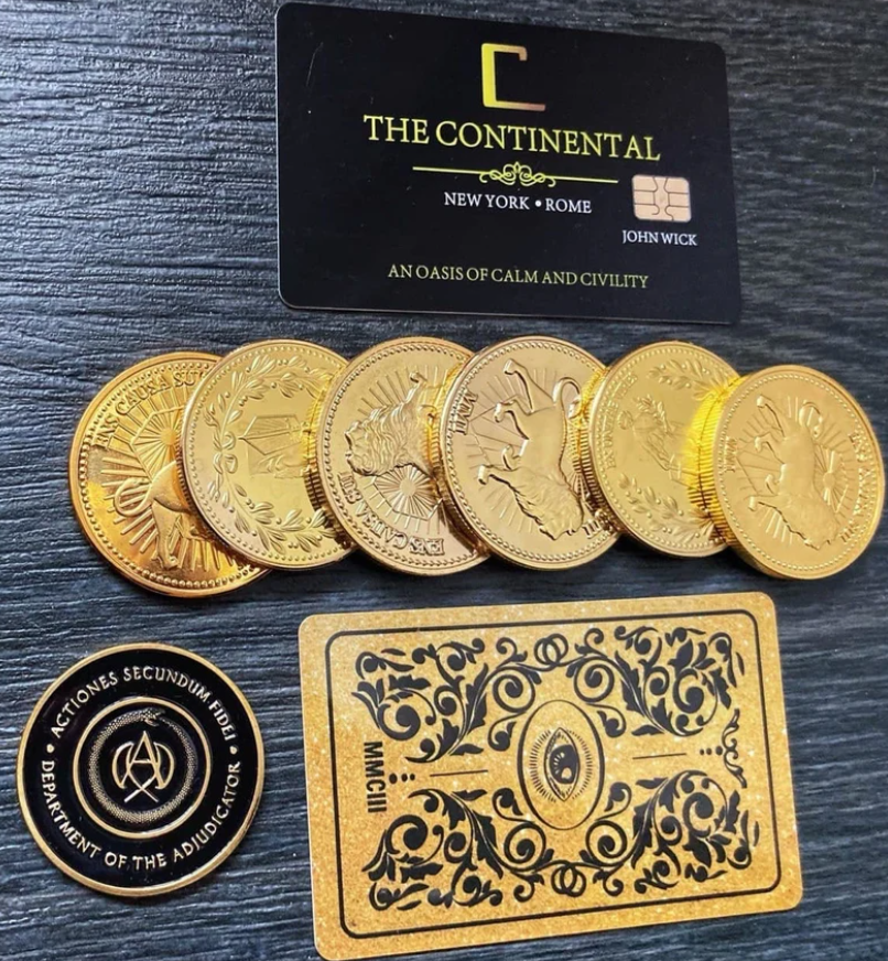 Continental Hotel cards and coins set. Baba Yaga John Continental gold coin. Continental hotel coin