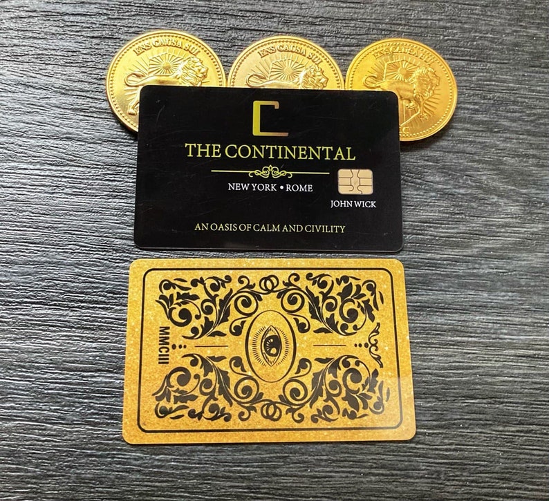 Continental Hotel cards and coins set. Baba Yaga John Continental gold coin. Continental hotel coin